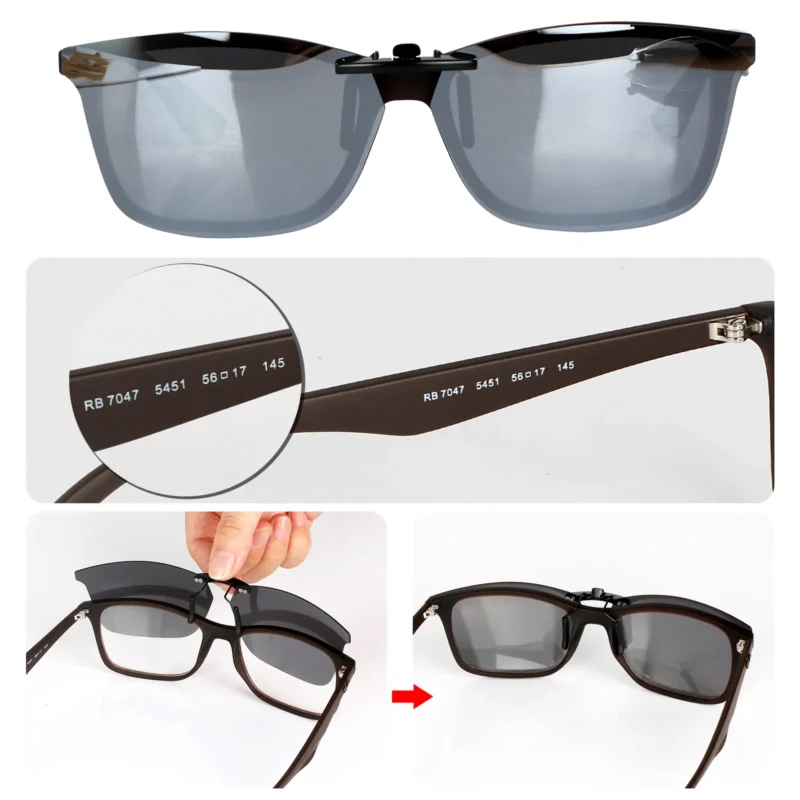 Custom Polarized Clip On Sunglasses For RayBan RB7047 (56mm) 56-17-145 (Silver) - Image 4